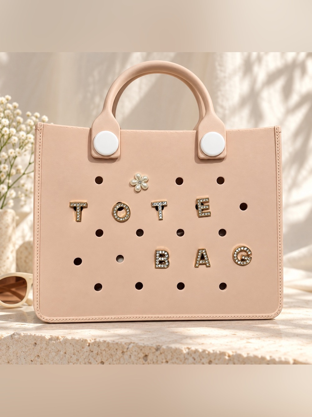Blush Pink EVA Tote Bag with charms.